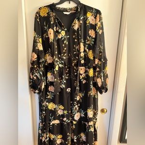 Tea length v neck floral dress with front ties